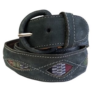 Vintage Green Leather Belt Woven Inlay Western Boho | Unisex 36"–39.5" Waist